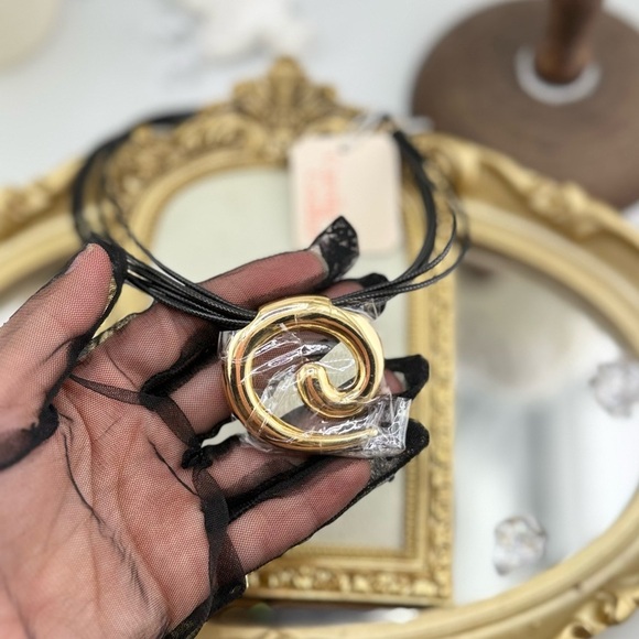 Camila Coelho Multi-Strand Black Cord Necklace with Gold Spiral Pendant